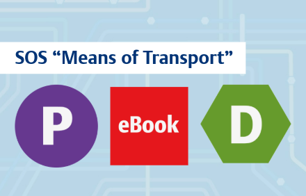 The SOS visual for "Means of Transport" features a P in a purple circle, the word eBook in a red square, and a D in a green hexagon.