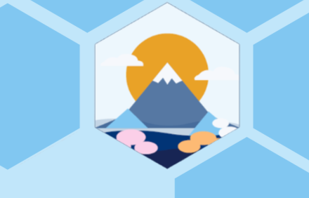 Visual with blue hexagons in front of pale blue background. One hexagon contains an illustration of an Asian volcano on an island infront of a yellow sun.