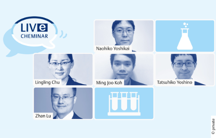 Webinar Base-Metal Catalysis Visual with portraits of Lingling Chu, Ming Joo Koh, Zhan Lu, Tatsuhiko Yoshino, and Naohiko Yoshikai.